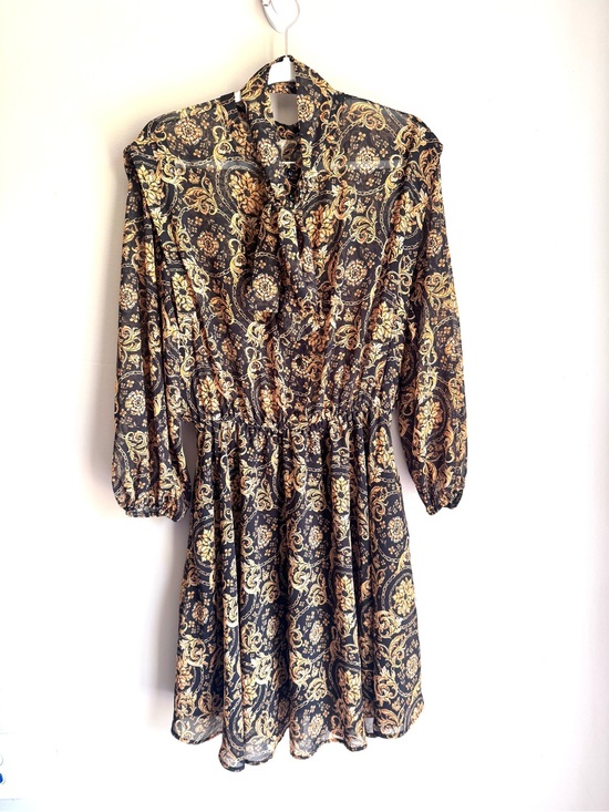 imperial Dresses & Skirts - Imperial Scroll Print Tie Neck Dress Fit Flare Black Gold Semi Sheer M